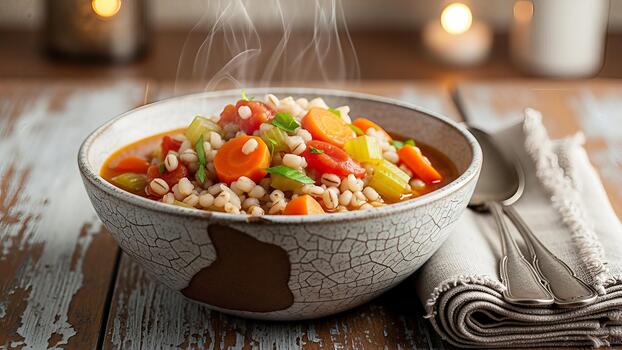 Rustic bowl of steaming barley soup with colorful vegetables on a wooden table creates a cozy and photo