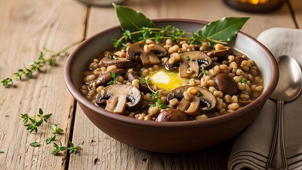 Rustic bowl of mushroom and barley soup with herbs on a wooden surface creating a cozy vibe photo