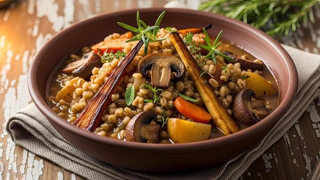Rustic bowl of barley stew with root vegetables and herbs on wooden background photo