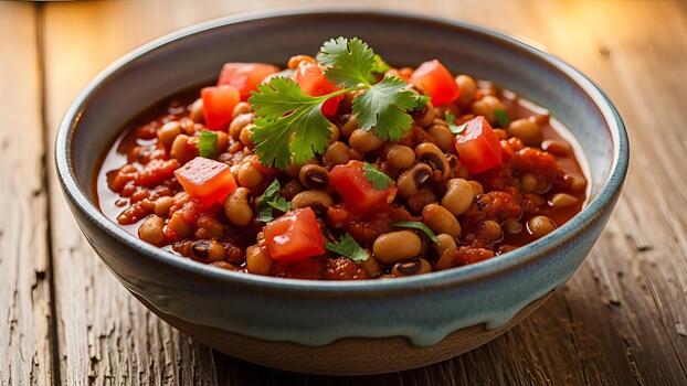 Rustic black-eyed peas with fresh tomatoes and cilantro in a blue bowl on wooden table create a photo