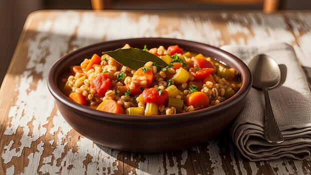 Rustic barley vegetable soup bowl, a nutritious and vibrant dish on textured surface, capturing photo