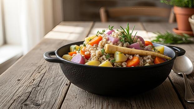 rústico cebada y vegetal estofado en un emitir hierro maceta descansando en un resistido de madera mesa foto