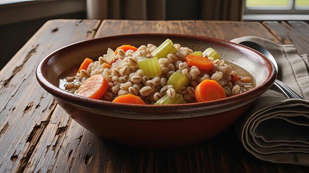 Rustic barley soup with carrots and celery presented in a charming earthenware bowl photo