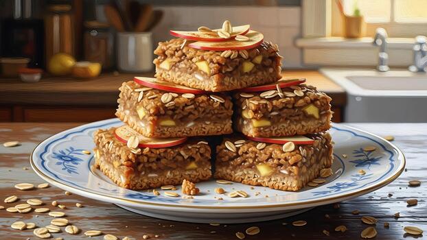 Rustic apple crisp squares stacked on a patterned plate offer a cozy kitchen scene photo