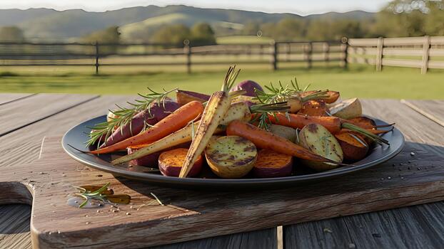 Roasted root vegetables with herbs on a rustic wooden table in nature scenery photo