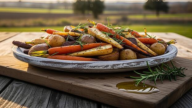 Roasted root vegetables with rosemary on rustic wooden background in golden light, farm to table photo