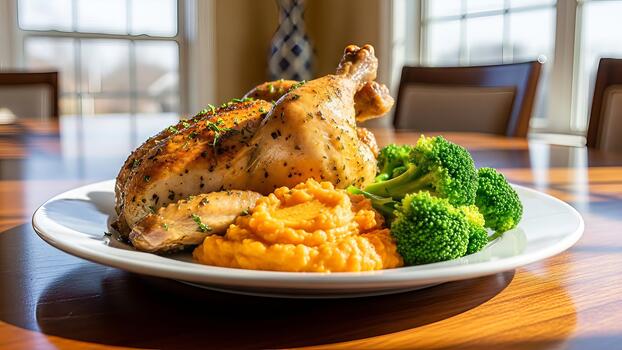 Roasted chicken dinner on a table with vibrant colors and natural light coming through the window photo