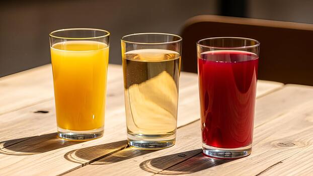 Refreshing trio of vibrant fruit juices arranged elegantly on rustic wooden surface photo