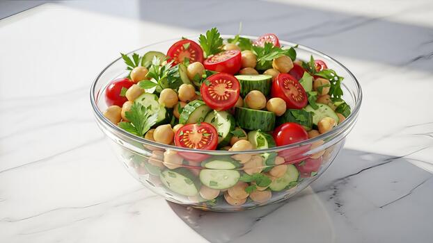 Refreshing summer salad with chickpeas cucumbers and tomatoes on marble table photo