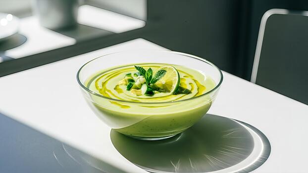 Refreshing summer avocado soup served in a glass bowl minimalist presentation photo