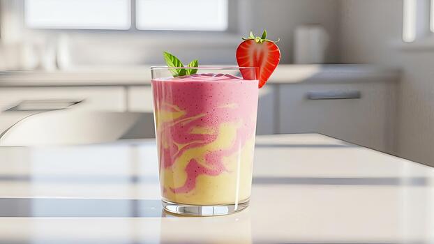 refrescante fresa plátano zalamero en un vaso en un minimalista cocina fondo representando foto