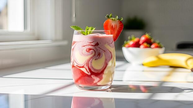 Refreshing strawberry banana smoothie with vibrant marble swirls, decorated with mint photo