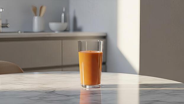 refrescante naranja jugo en mármol mesa esclarecedor cocina escena en suave luz de sol foto