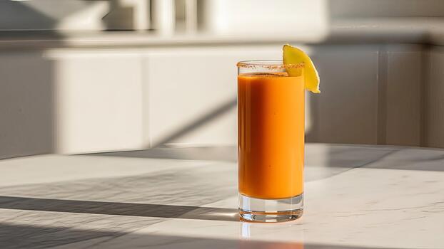 Refreshing orange colored smoothie with a lemon slice in sunlit kitchen setting photo