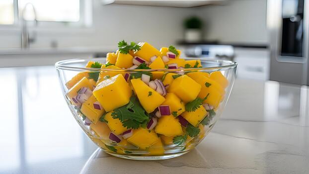 Refreshing mango salsa displayed in a clear bowl on a bright kitchen counter bringing tropical photo