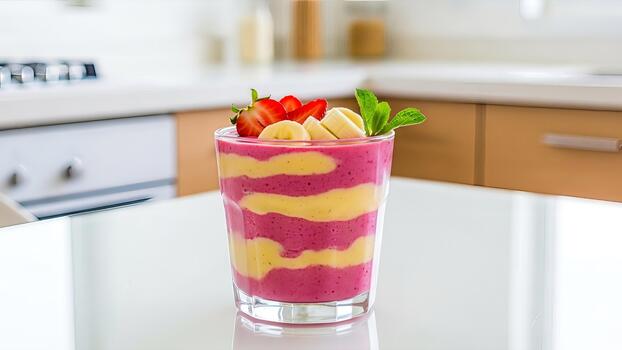 Refreshing layered smoothie with strawberry, banana and mint in bright kitchen setting photo