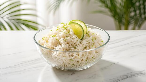 Refreshing lime-infused rice presentation in a clear bowl evoking freshness and simplicity on photo