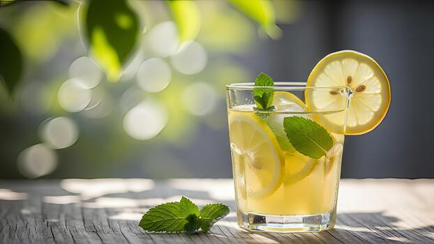 Refreshing lemon and mint infused beverage captures a summer atmosphere with wooden texture photo