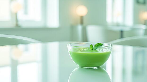 Refreshing green smoothie in a glass bowl with mint garnish on a modern light table photo