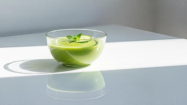 Refreshing green smoothie in a glass bowl presented against a minimalist backdrop photo