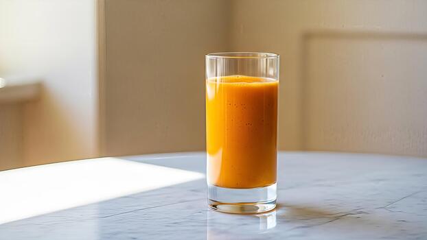 Refreshing glass of vibrant orange smoothie illuminated by soft daylight on a table photo