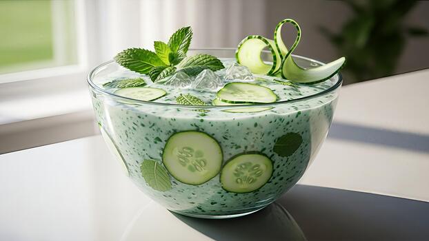 refrescante Pepino menta sopa en un vaso cuenco cerca el ventana en un blanco superficie foto