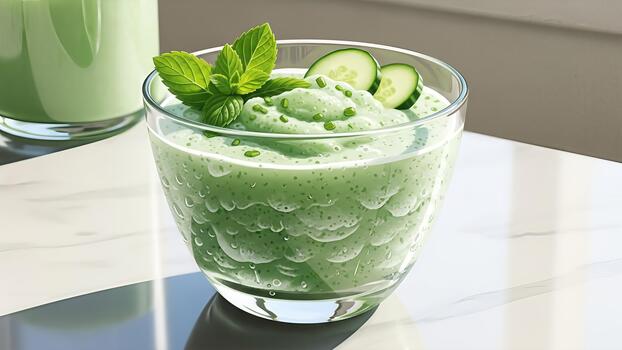 refrescante Pepino menta zalamero servido en cristalería en un resumen mesa foto