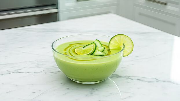 refrescante Pepino aguacate sopa con Lima en un brillante mármol encimera dentro un moderno cocina foto