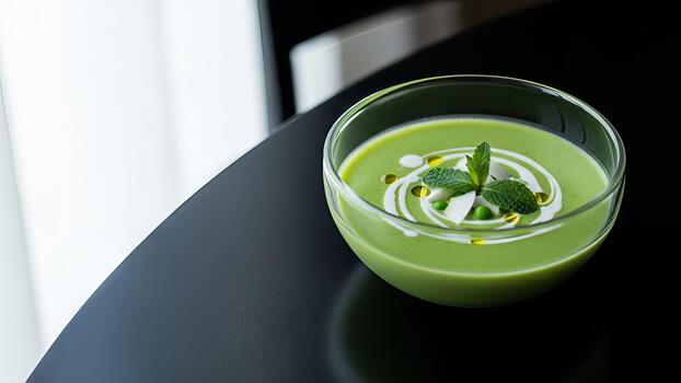 refrescante enfriado verde guisante sopa en un transparente bol, decorado con menta y crema remolino para foto