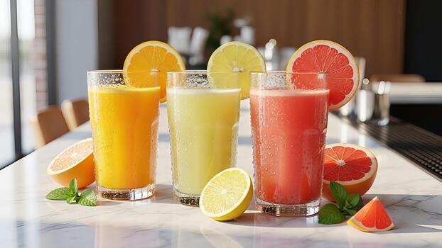 refrescante agrios jugos servido en lentes en un moderno superficie, Perfecto para verano foto