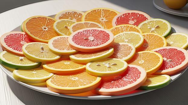 Refreshing citrus medley, offering a vibrant array of sliced oranges, lemons, and grapefruits photo