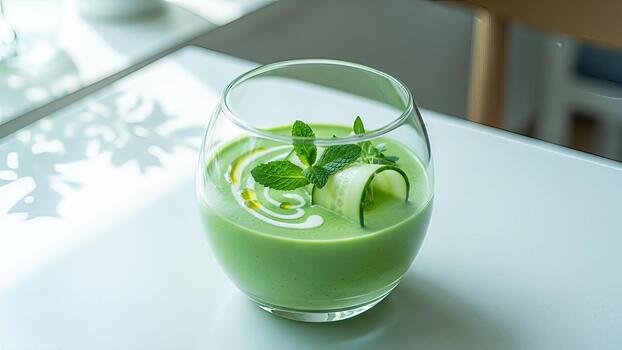 Refreshing chilled cucumber soup served in a glass with mint garnish on bright table photo