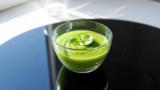 refrescante enfriado Pepino y menta sopa servido esmeradamente en un vaso cuenco foto