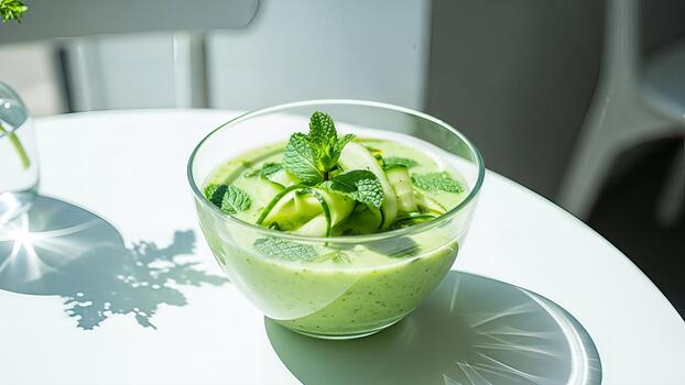 refrescante enfriado Pepino y menta sopa presentado en un vaso cuenco en un blanco superficie foto