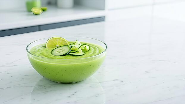 refrescante enfriado Pepino y Lima sopa servido en un vaso cuenco en brillante cocina mostrador foto