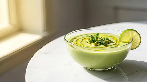 refrescante enfriado aguacate sopa con vibrante verde matiz y picante Lima adornar por el ventana foto