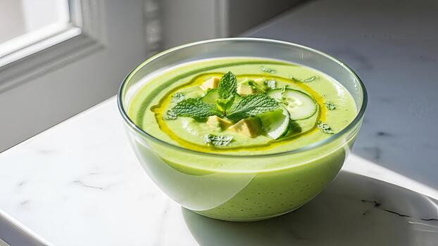 Refreshing chilled avocado soup garnished with cucumber and mint in a glass bowl served next to photo