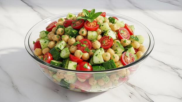 refrescante garbanzo ensalada con pepinos y Tomates en un vaso cuenco Listo a servir foto
