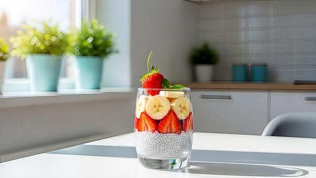 refrescante chia semilla pudín en capas con frutas y coronado con Fresco fresa foto