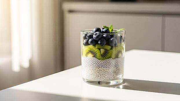 refrescante chia semilla pudín con kiwi rebanadas y arándanos en un brillante mesa foto