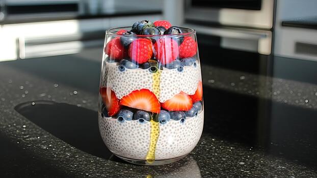 Refreshing chia seed pudding delight layered with colorful summer berries creation photo