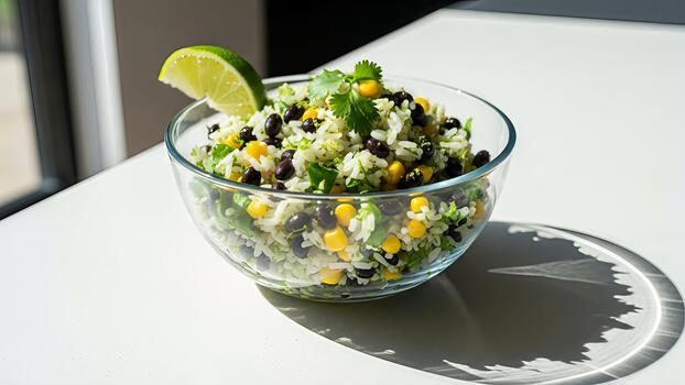 refrescante cuenco de arroz, frijoles y maíz ensalada presentado en un blanco superficie foto