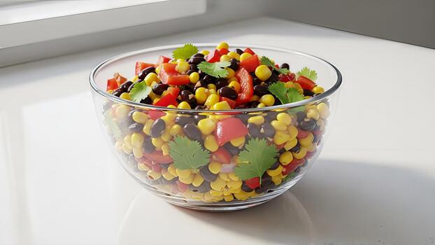 Refreshing black bean corn salad with vibrant tomatoes and cilantro in a glass bowl displayed with photo