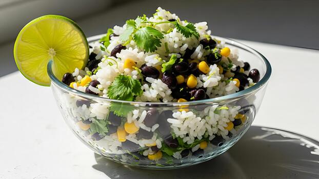 refrescante negro frijol y arroz ensalada con Lima en un vaso cuenco desplegado brillantemente foto