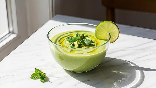 refrescante aguacate sopa servido en vaso cuenco con Lima rebanada y menta adornar foto
