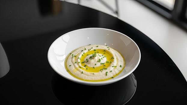 refinado hummus presentación vitrinas circular remolinos de cremoso inmersión y hierbas adornar foto