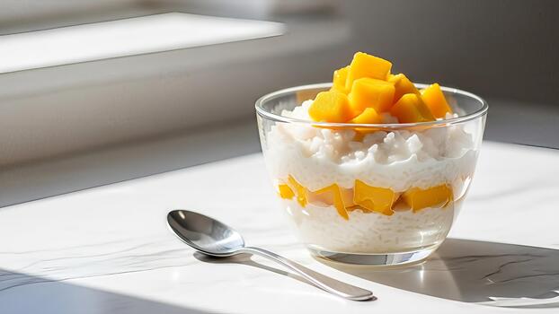 Radiant mango sticky rice dessert capturing sunlight with elegant presentation photo