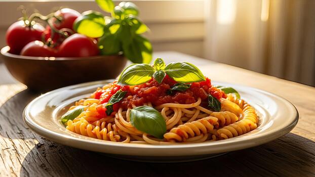 Pasta perfection with fresh tomatoes and basil, a culinary delight with sunlit warmth on rustic photo