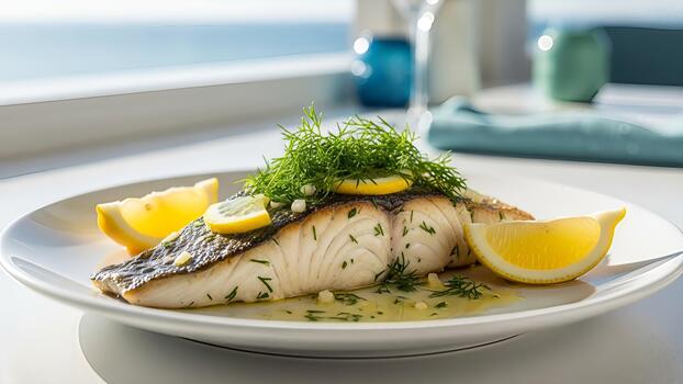 braseado Hipogloso con limón y eneldo por el Oceano ofrecimiento un culinario escapar foto