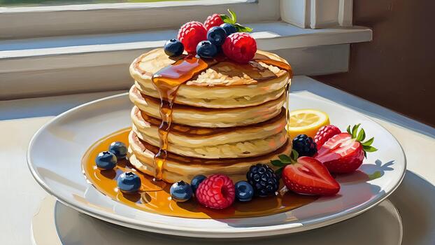 Pancakes stacked high, drizzled with syrup and garnished with fresh forest berries delight photo